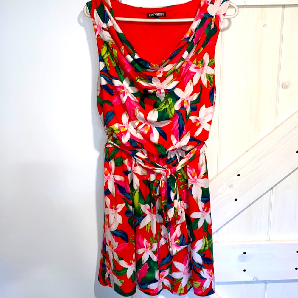 Express Red Floral Cowl Neck Dress